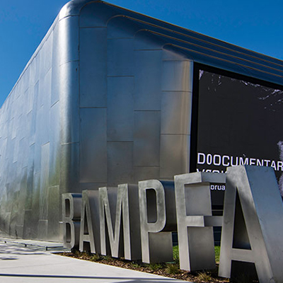Outdoor architectural display spelling BAMPFA